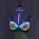 LED light-up rhinestone bra with matching choker, featuring vibrant multicolor glowing lights and a flexible black fabric base.