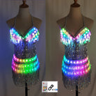 LED rhinestone tassel festival set with color-changing lights, sequin fringe, and remote control on a mannequin.