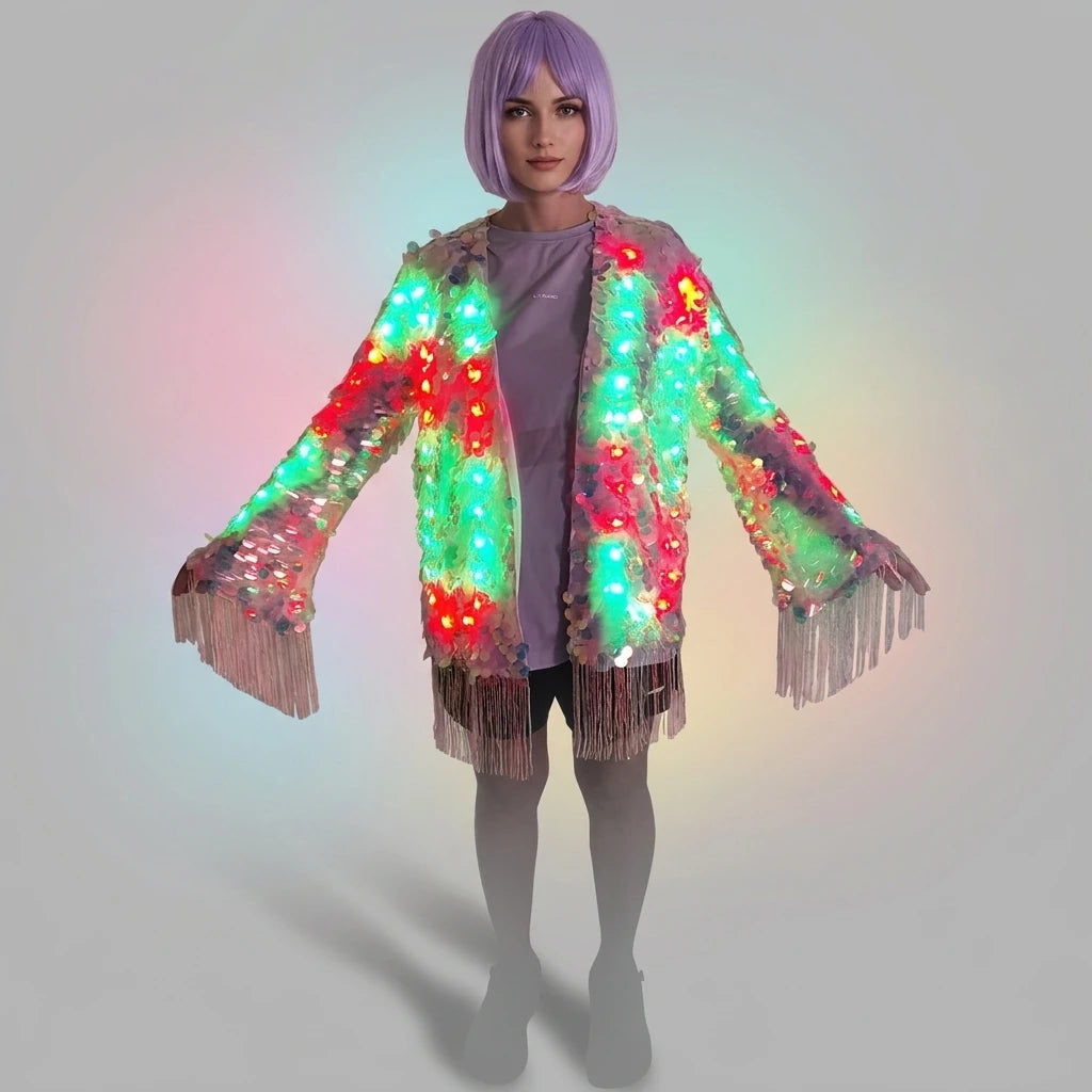 Model wearing a sequin fringe jacket with integrated LED lights in a vibrant, multi-colored display.