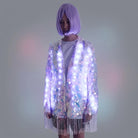 Iridescent sequin fringe jacket featuring integrated LED lights and a remote-controlled glowing design for festival wear.