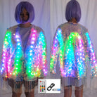 Iridescent sequin fringe jacket with color-changing LED lights, remote control, and USB charging cable.