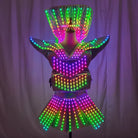 Futuristic LED shoulder armor dress with a metallic finish, featuring remote-controlled multicolored lights and a mini skirt.