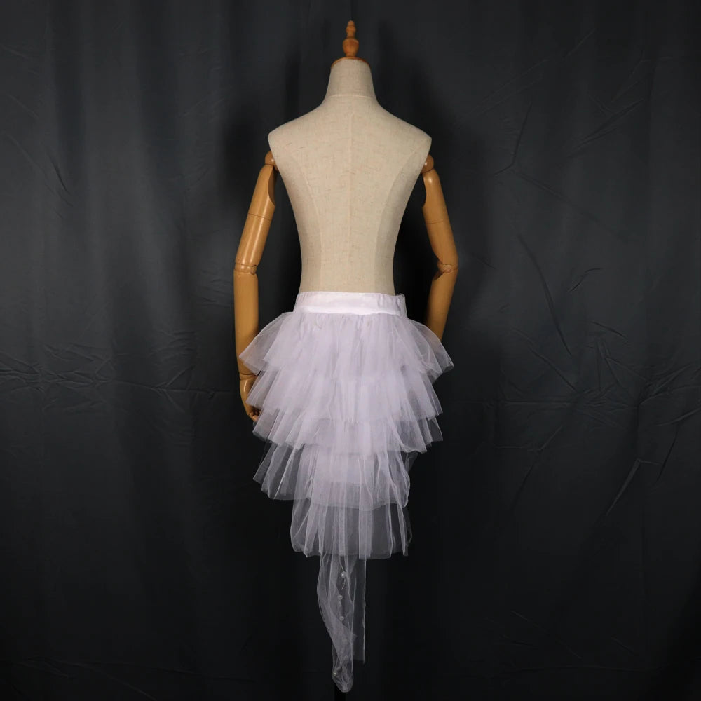 White tiered tulle LED tutu skirt on a mannequin, featuring a high-low hemline and integrated lighting components.