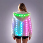 White faux fur hooded jacket featuring integrated multi-color LED light strips and a remote-controlled glowing design.
