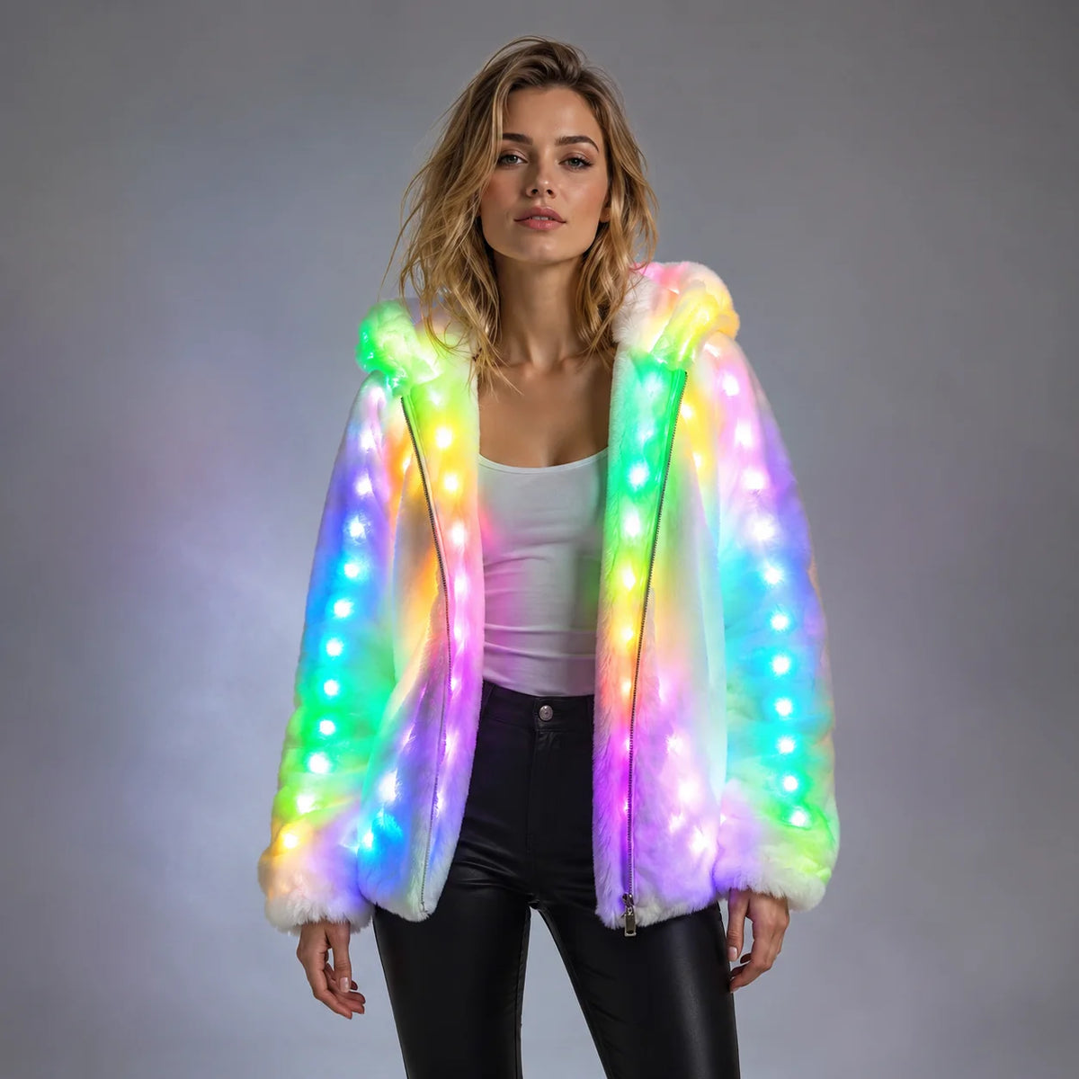 Woman wearing a plush white faux fur hooded jacket featuring vibrant, multi-colored LED lights along the front and hood.