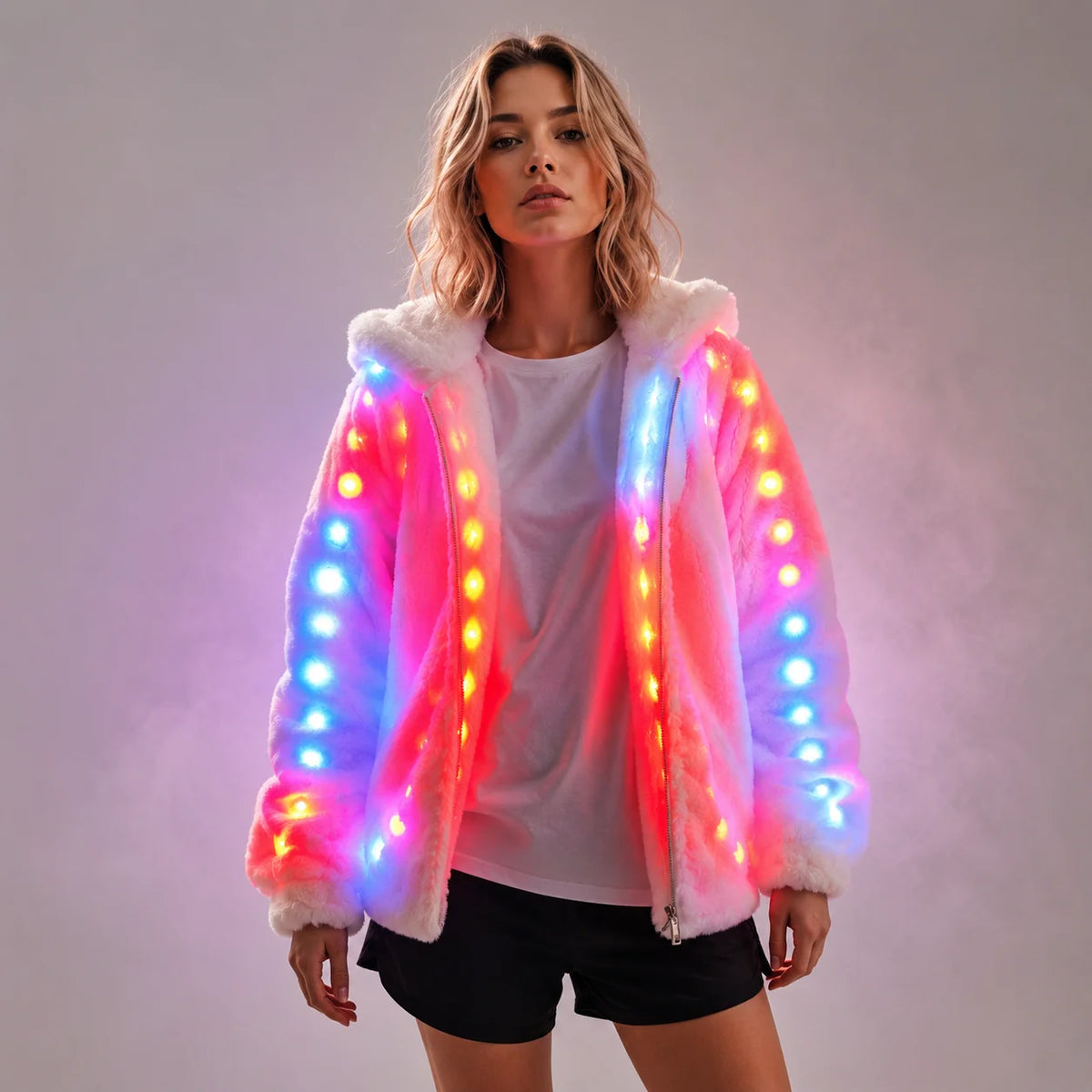Woman wearing a plush white faux fur hooded jacket featuring integrated, multi-colored LED lights along the zipper and sleeves.