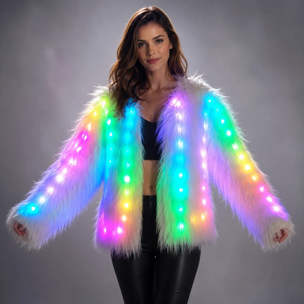 Woman wearing a plush white faux fur jacket featuring integrated, multi-colored LED lights for a vibrant festival look.