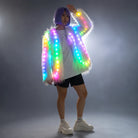 Plush white faux fur jacket featuring integrated, multi-colored LED lights with a remote-controlled glowing effect.