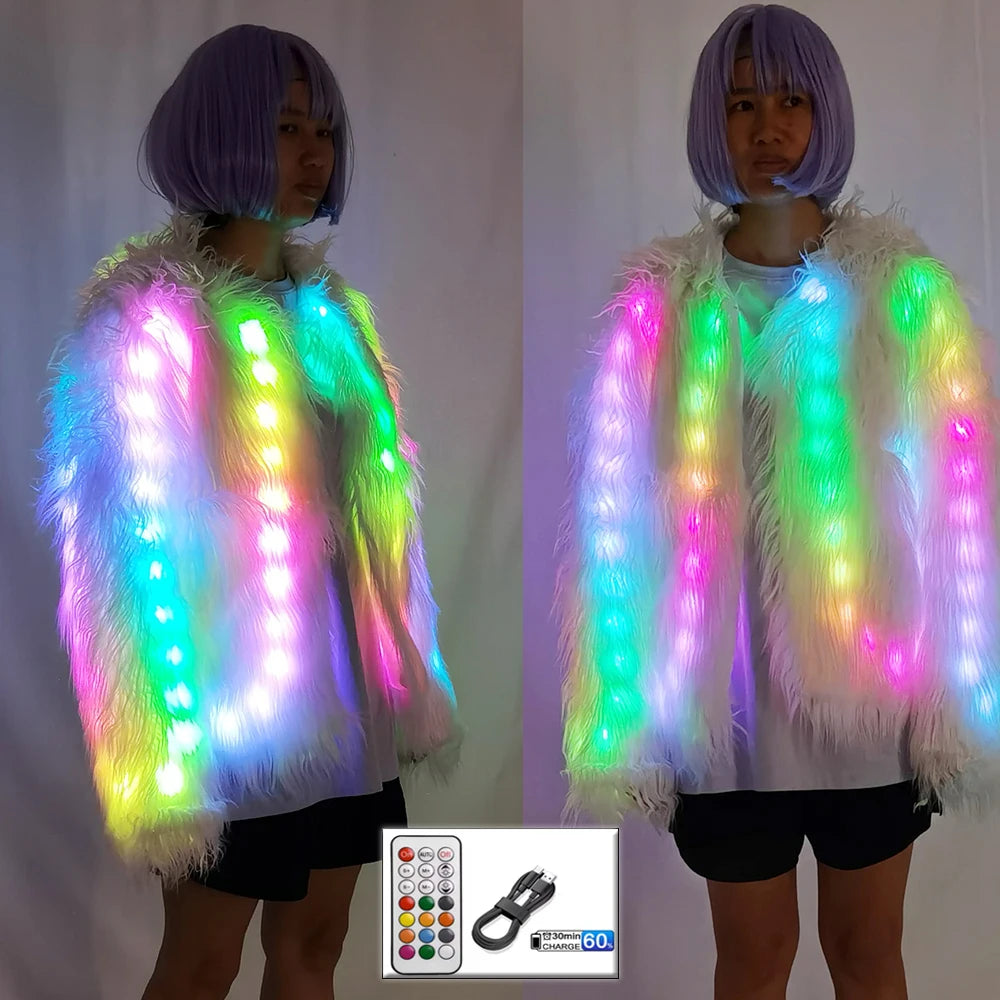 Plush white faux fur jacket featuring integrated multicolored LED lights, remote control, and USB charging cable.