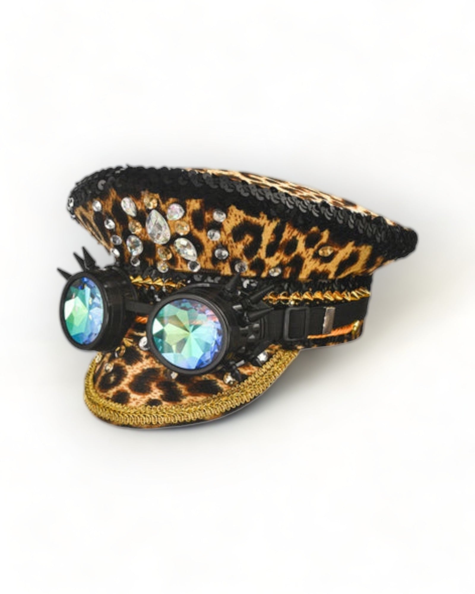 Leopard Military Hat with Rhinestones and Kaledoiscope Sunglasses