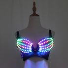 Black LED rave bra featuring multi-colored glowing light strips on a supportive fabric base, displayed on a mannequin.