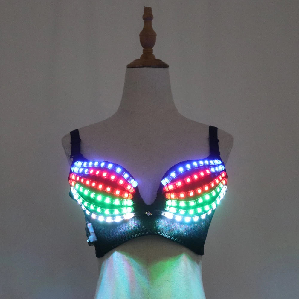 Black LED rave bra featuring multi-colored glowing light strips on a supportive acrylic-blend fabric on a mannequin.
