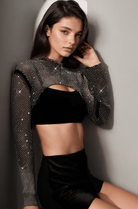 Long Sleeve Crystal Rhinestone Crop Top featuring a shimmering design, perfect for festivals and parties.
