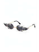 Luna Flame Crystal Rimless Sunglasses with black lenses, gold arms, and blue/clear flame-shaped crystal embellishments.
