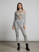Luna Rhinestone Fringe Jumpsuit: full-length, silver, with sheer mesh high-neck and dramatic fringe cape.