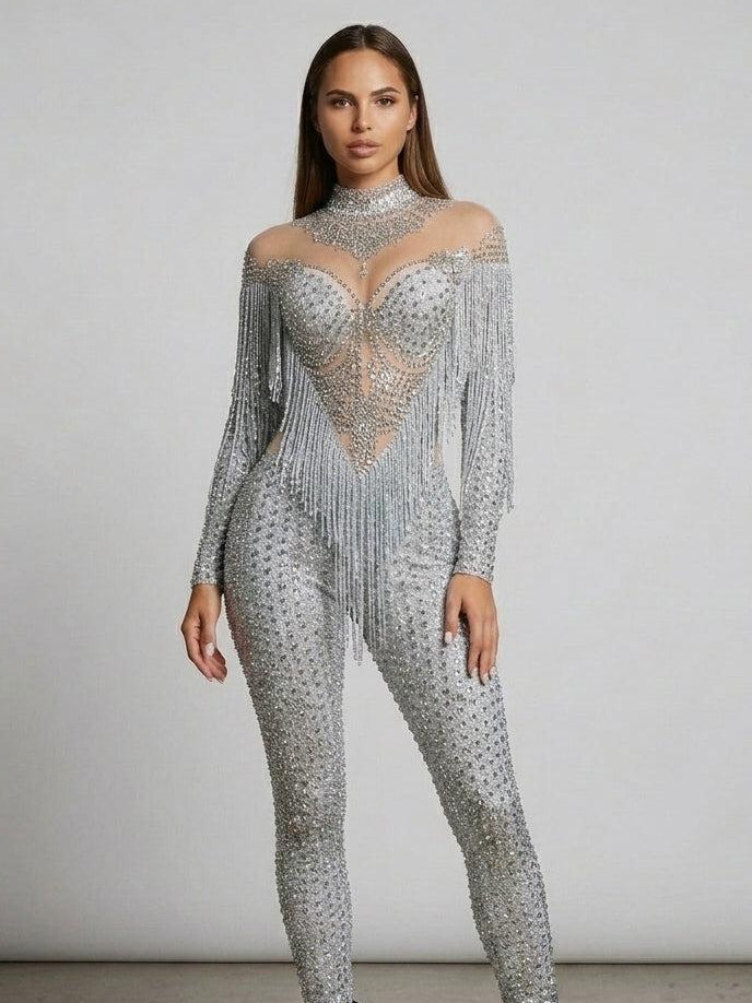 Luna Rhinestone Fringe Jumpsuit: full-length, silver, with sheer mesh high-neck and dramatic fringe cape.