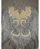 close-up long sleeve tassel rhinestone pearl bodysuit with embellished details and feather accents