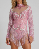 Pink pearl fringe bodysuit with hand-glued rhinestones and sequins, featuring a high neck and long sleeves.