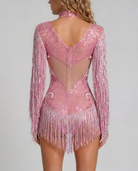 Madison Pink Pearl Fringe Bodysuit, featuring hand-glued rhinestones, sequins, and cascading pearl fringe.