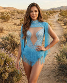Marina Blue Fringe Rhinestone Bodysuit with illusion panel, cascading fringe, and hand-placed rhinestones.