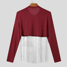back-view tassel fringe crop top in burgundy with cascading white fringe details
