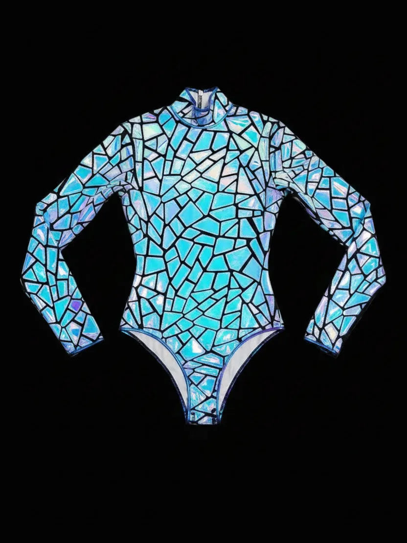 Melody Blue Geometric Mirror Bodysuit with holographic, color-shifting mirror vinyl panels and a second-skin fit.