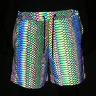 Men's reflective festival shorts with a vibrant, iridescent snakeskin pattern and black drawstring.