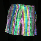 Men's reflective festival shorts with a vibrant, iridescent snakeskin pattern on a dark background.