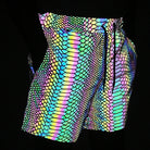 Men's reflective festival shorts with a vibrant, iridescent snakeskin pattern and drawstring waist.