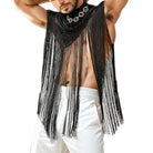 poncho de festival noir en résille à franges intégrales avec franges tombantes et détail en chaîne