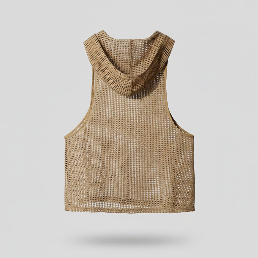 Khaki polyester mesh hooded tank top for men, featuring an open-grid, sleeveless design.