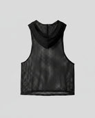 Black polyester mesh hooded tank top for men, featuring an open-grid, sleeveless design.