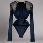 Mesh Patchwork Bodysuit with long sleeves and lightweight mesh details, perfect for festival dancing.