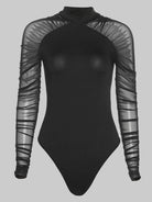 Mesh Patchwork Bodysuit featuring black mesh sleeves, perfect for festivals and dancing.