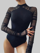 Elegant Mesh Patchwork Bodysuit with long sleeves for festivals and nightlife, made from lightweight mesh.