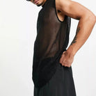 Mesh See-Through Sleeveless Loose T-Shirt in black mesh fabric, perfect for summer streetwear and festivals.