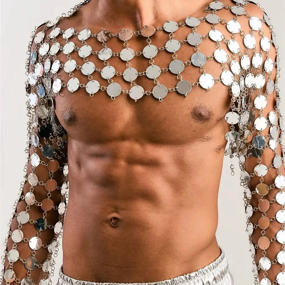 metal chain disc crop top close-up of metallic discs on torso with chain design