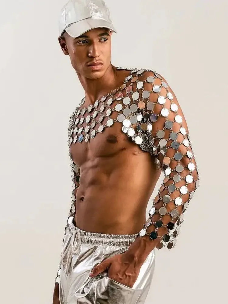 metal chain disc crop top close-up of silver circular discs reflecting light