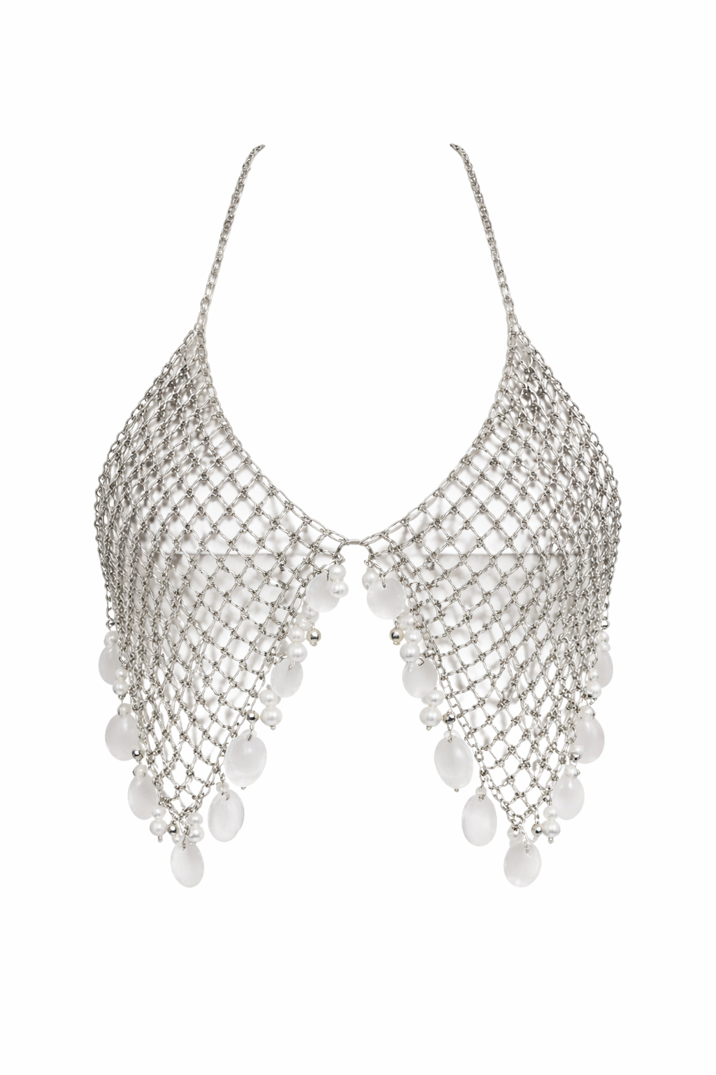 Silver metal sequin backless bra with delicate chain straps and white beaded fringe.