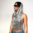 Metallic Mesh Hooded Shirt featuring shimmering design and stylish hood, perfect for festivals.
