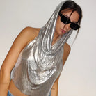 Metallic Mesh Hooded Shirt in shimmering silver, perfect for festivals and stylish events.