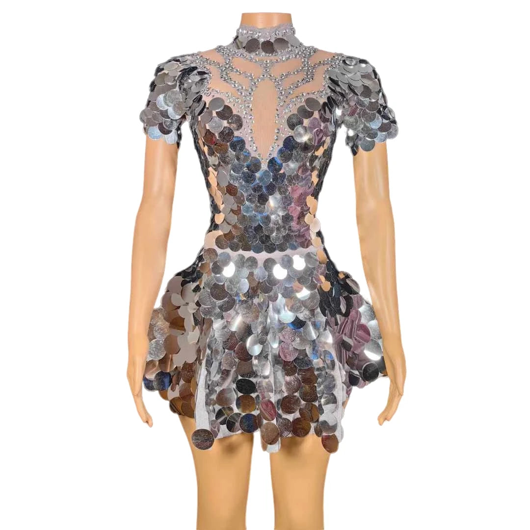 back-view mirror sequin rhinestone dress with shimmering silver sequins and rhinestones