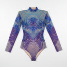 Skye Blue Rhinestone Bodysuit with long sleeves, hand-glued rhinestones, and sewn sequins.