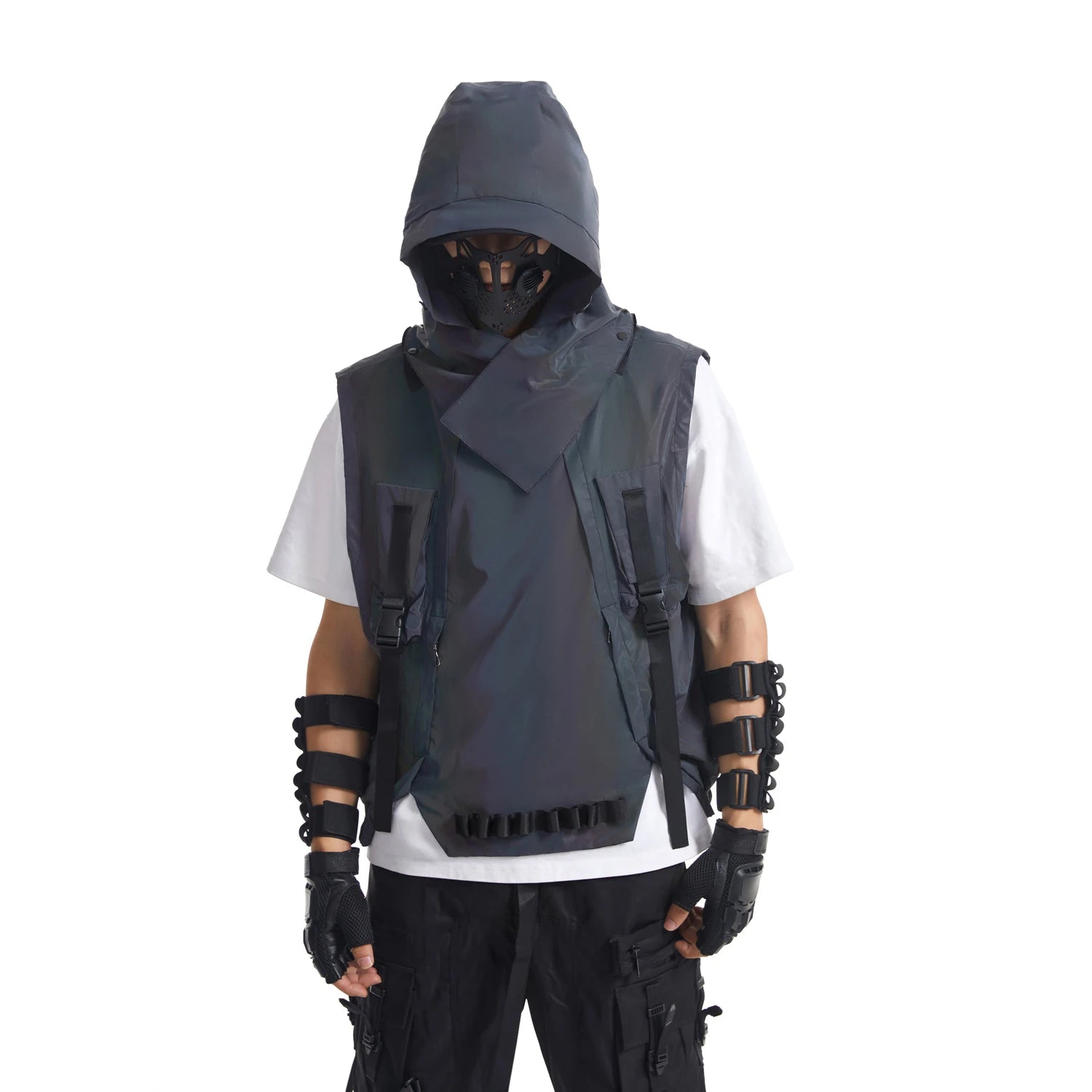 Multicolor reflective techno vest with hood, worn over a white t-shirt, featuring tactical straps and futuristic design.