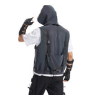 Multicolor reflective techno vest with hood, worn over a white tee, featuring adjustable straps and pockets.