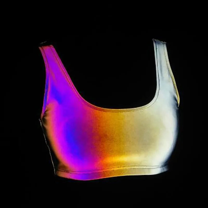 Multicolor reflective polyester crop top, showing iridescent rainbow hues on a dark background.