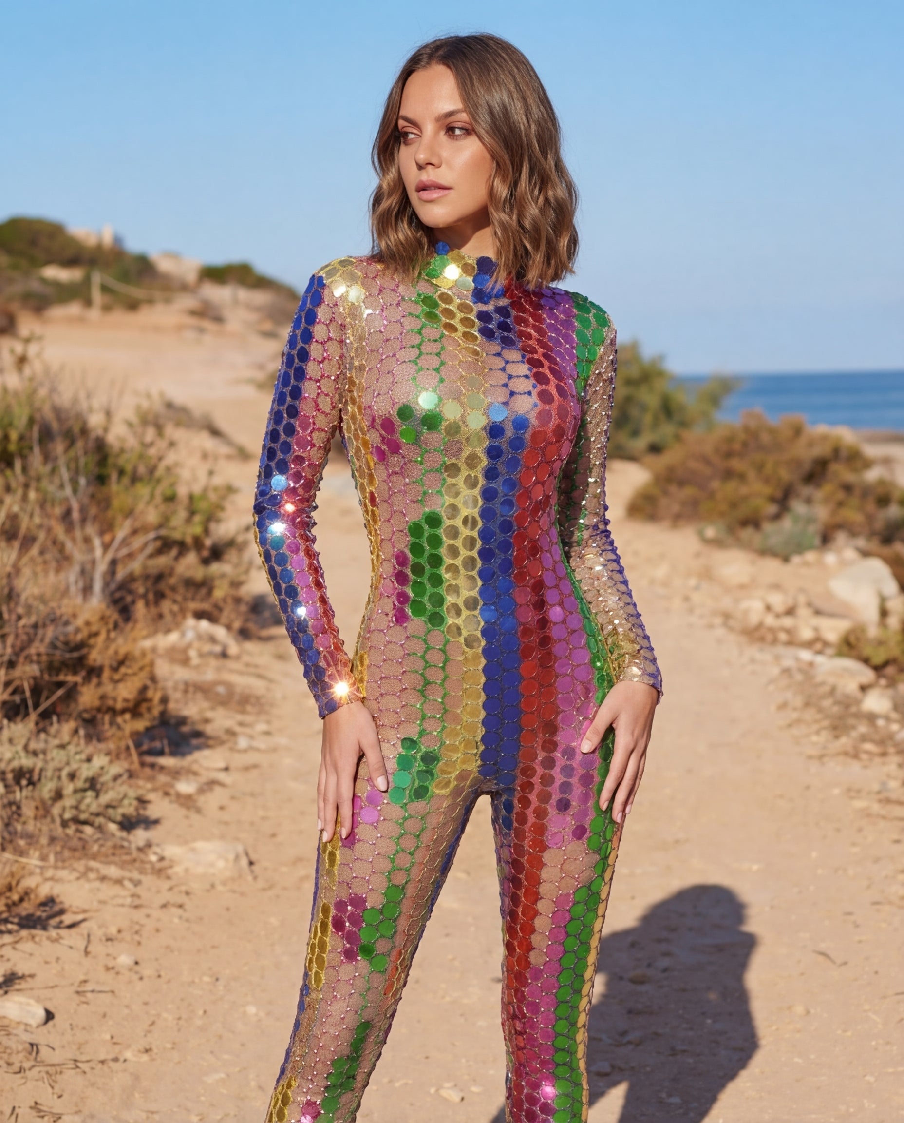 Multicolor sequin festival jumpsuit with a high neck and long sleeves, featuring a body-skimming fit.