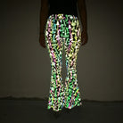 Slim Fit Reflective Bodycon Pants featuring colorful, eye-catching designs for rave outfits.
