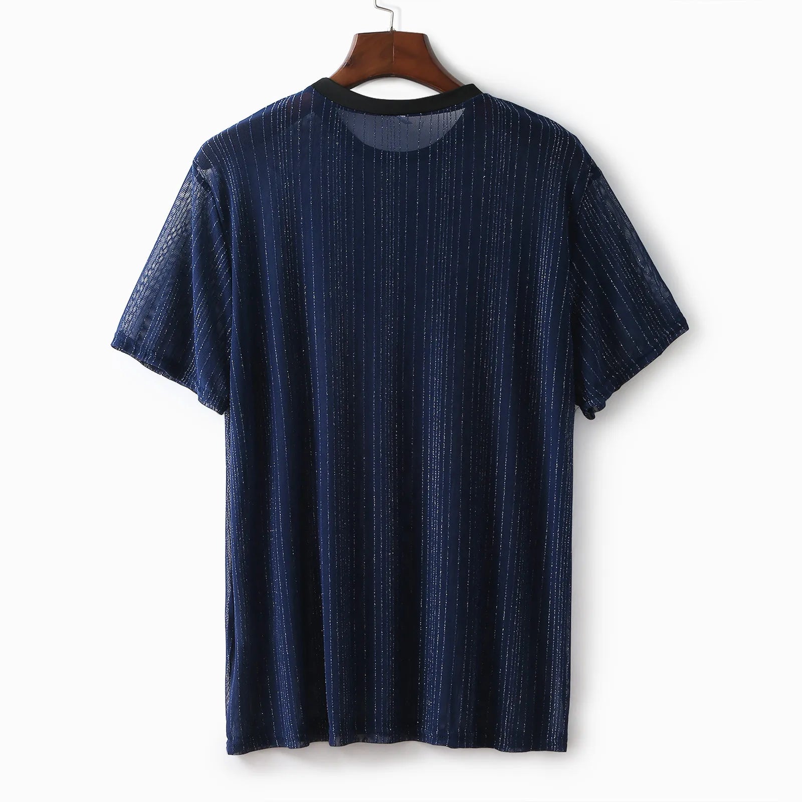 Shiny Mesh T-Shirt in navy color with textured fabric, ideal for festival outfits and breathable style.