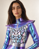 Model wearing a metallic purple futuristic bodysuit with a high-shine finish, zip-front closure, and geometric chest panel.